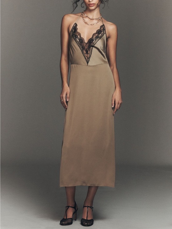 Anthropologie Other - Anthropologie Gorgeous Lace Halter Midi Taupe Satin Slip w Black Lace Trim Dress